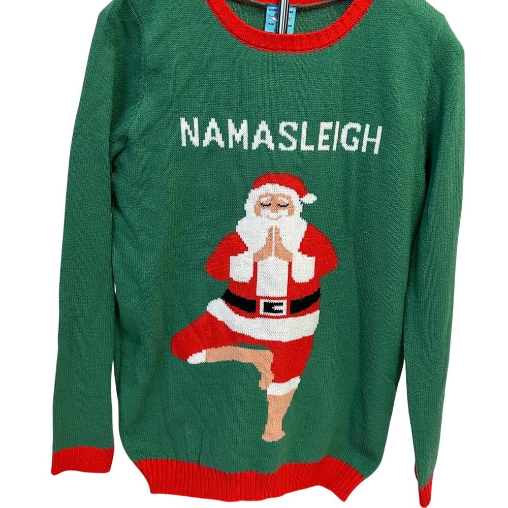 Norther Pole Namasleigh Santa Yoga Christmas Sweater Santa doing Yoga tree pose